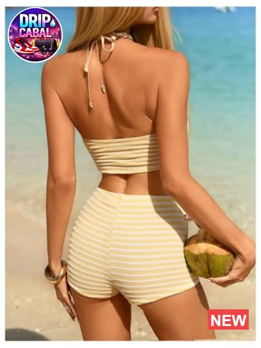 2 Piece Tankini Swimsuit Set with Boyshort Bottoms Halter Top Striped Print